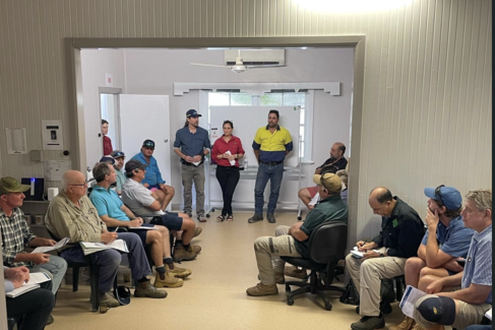 Farmacist program leader Will Higham (left), Farmacist extension leader Belinda Billing and rice farmer Charlie Piccolo at the meeting discussing rice. Picture: Supplied