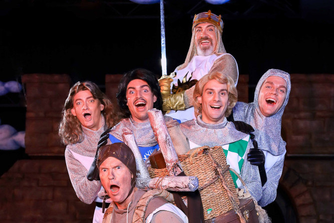 SPAMALOT’s King Arthur and the Knights of the Round Table interpreted by bottom centre, Shawn Brack. middle l-r, Dale Schultz, John Margetts, Kieran Walsh, Matthew Wright, top centre Michael Newman