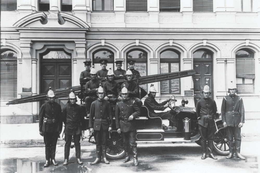 Image: Cairns Fire Brigade outside the new Burns Philp & Co. building c. 1920 courtesy State Library of Queensland