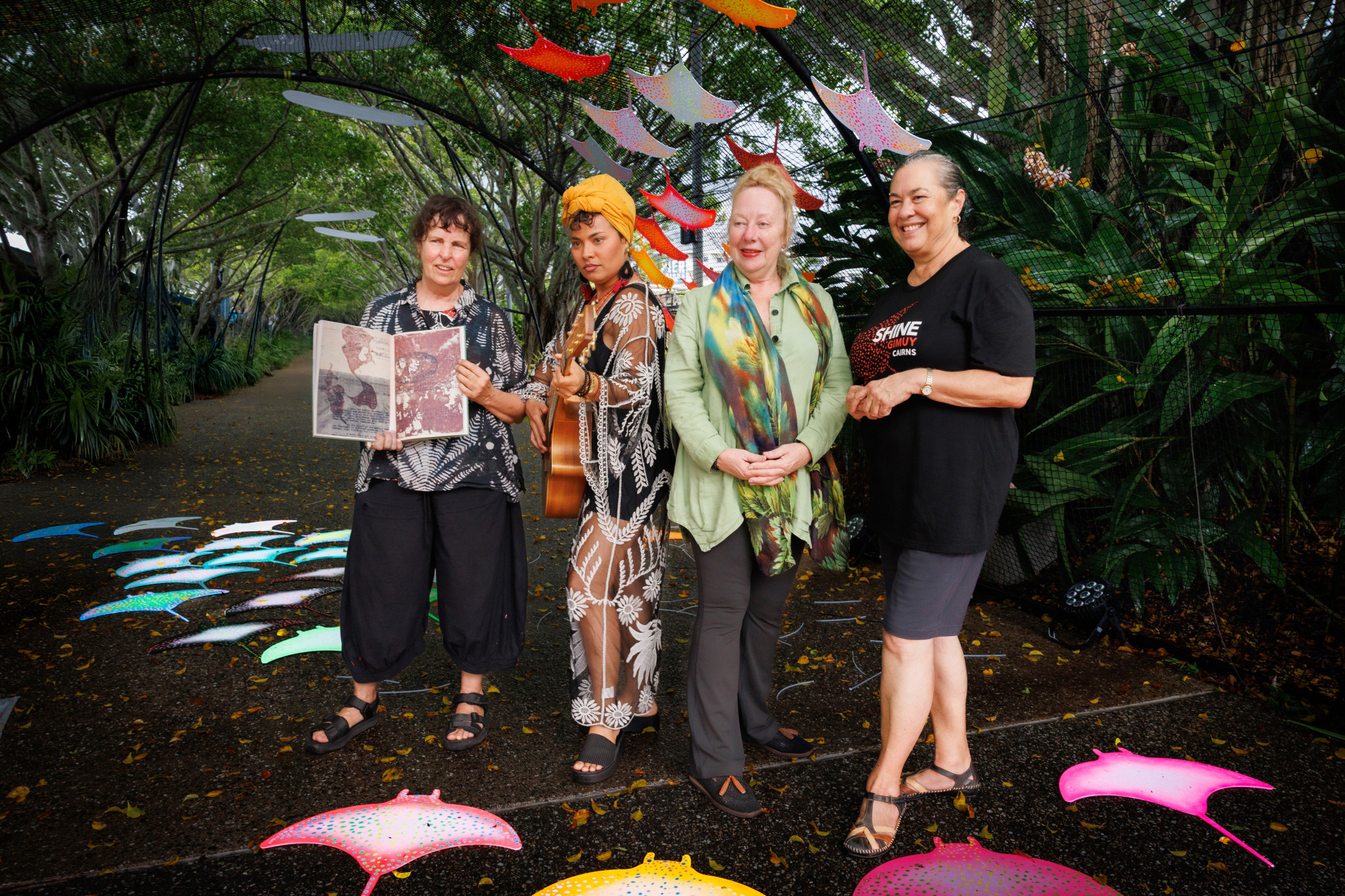 Shine On Gimuy representatives (from left) Judy Watson (2025 Shine On Gimuy showcase artist), Kaweyova (Dream Aloud singer), Merryn Hughes (Shine On Gimuy executive producer) and Lydia Miller (Shine On Gimuy cultural producer. Picture: Supplied