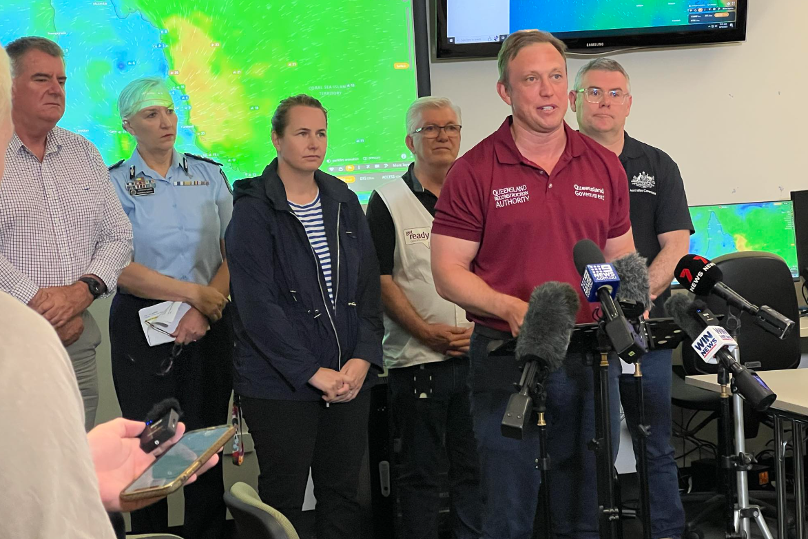 Cyclone review, Premier Steven Miles and other political and emergency service leaders at the Cairns disaster management centre at Woree.