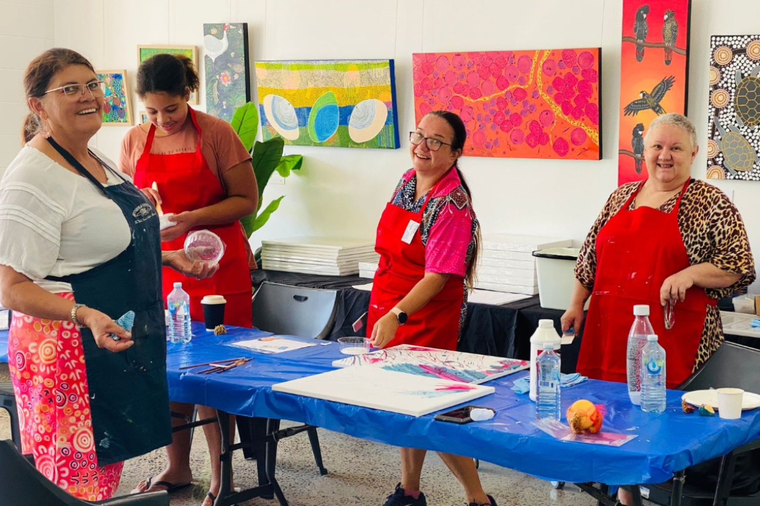 UMI Arts was a centre of creativity, forming part of the organisation’s Side by Side series. From left: Artist and workshop facilitator Connie Rovina, Jahzara Michl, Jenneecka Don, and Leanne Fredericks.