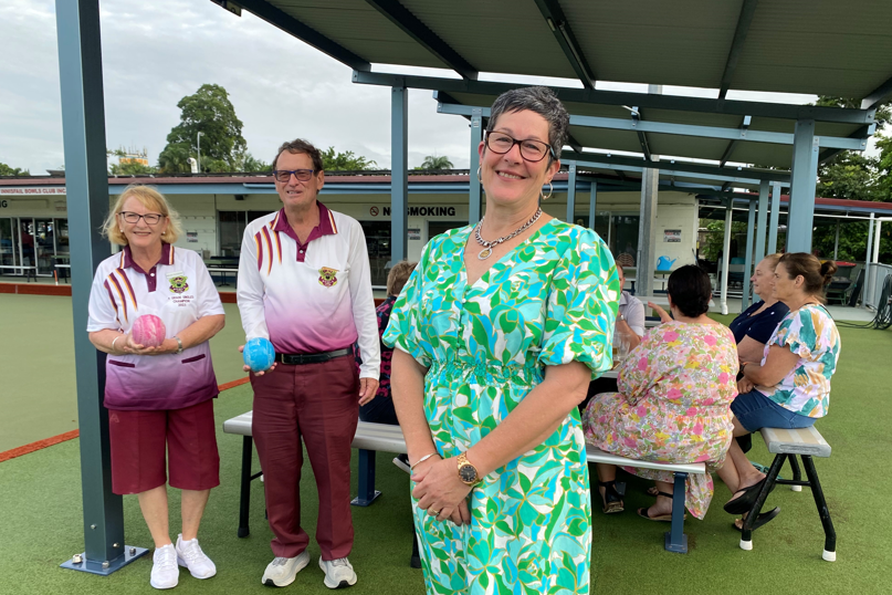 [Photo – Mayor Teresa Millwood with Helen Paterson and Gordon Goes at Innisfail Bowls Club - a popular recreational facility in the Cassowary Coast]