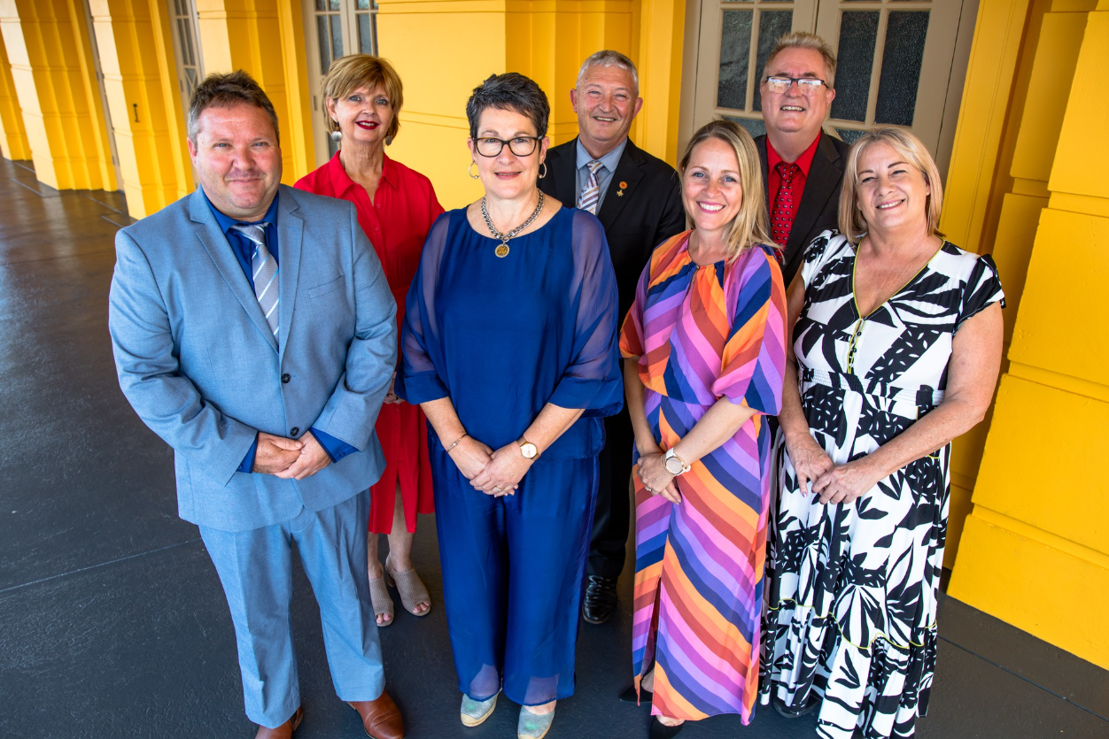 Mayor Teresa Millwood (centre) with councillors (from left) deputy mayor Nicholas Pervan, Trudy Tschui, Jeff Baines, Renee McLeod, Chris Littlemore and Ellen Jessop.