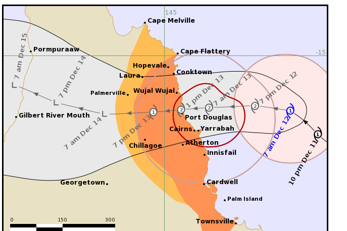 According to the Bureau of Meteorology (BOM), category 1 Jasper was moving west at 20km/h and as of 4am on Monday (December 11) was 600km east of Cairns.