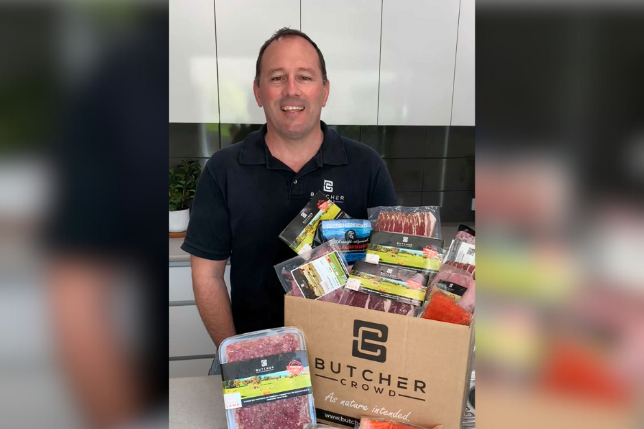 ButcherCrowd founder Rob Moffat with a box of products from ButcherCrowd. Picture: Supplied