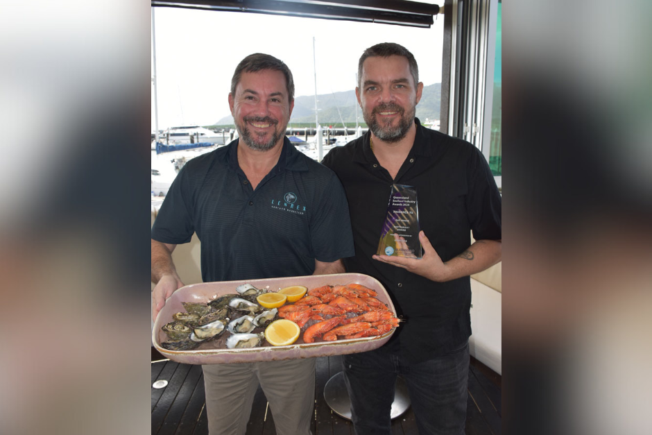 Queensland Seafood Marketers Association’s Neil Moretto showcasing Salt House’s oysters and prawns with Salt House executive chef Daniel Crossman. Picture: Isabella Guzman Gonzalez