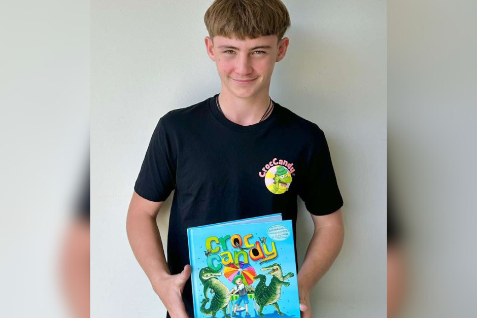 Local young entrepreneur Angus Copelin-Waters has become an inspiration for young Australians for years to come, celebrating his star role in new children’s book ‘Croc Candy’. Picture: Claire Thompson