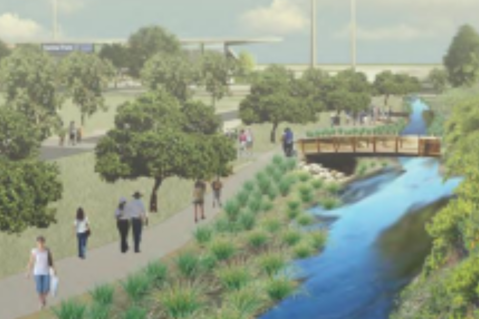 An artist's impression of a cycle and pathway along the Fearnley St drain.