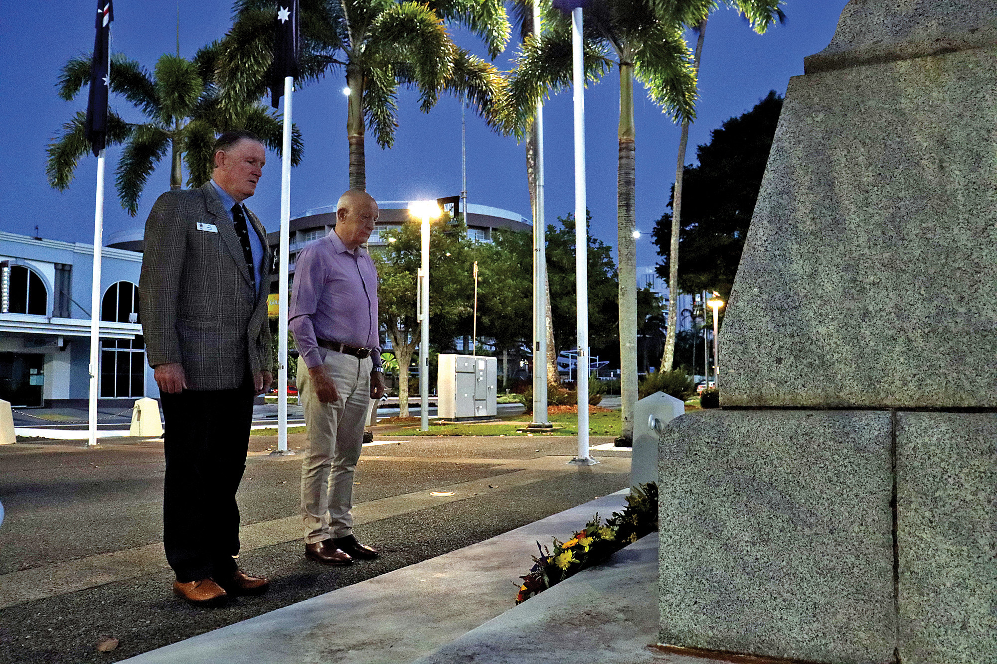 Cairns Mayor Bob Manning (right) joined Cairns RSL president Peter Hayton to lay a wreath at the Esplanade Cenotaph this morning to commemorate the 75th anniversary of Victory in the Pacific.