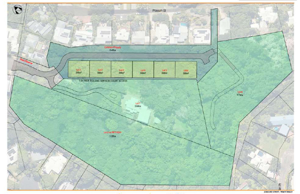 The original and approved application shows 12 dwellings (above) while in the new application the six townhouses show a road closer to Possum St.
