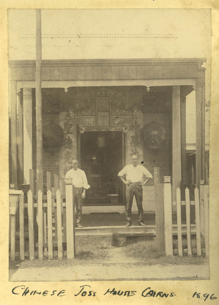 The Joss House at Cairns c. 1896 where banana growers paid their 1 shilling fine for any infected fruit. Courtesy State Library of Queensland.