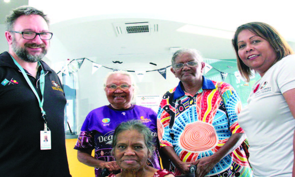 Gurriny Yealamucka Health Services Aboriginal Corporation’s Director of Clinical Services Dr Jason King, Elders Aunty Fiona Patterson (seated), June Noble (left) and Emma Costello with CEO Sue Andrews in the reception area of the new building on Workshop St, Yarrabah.