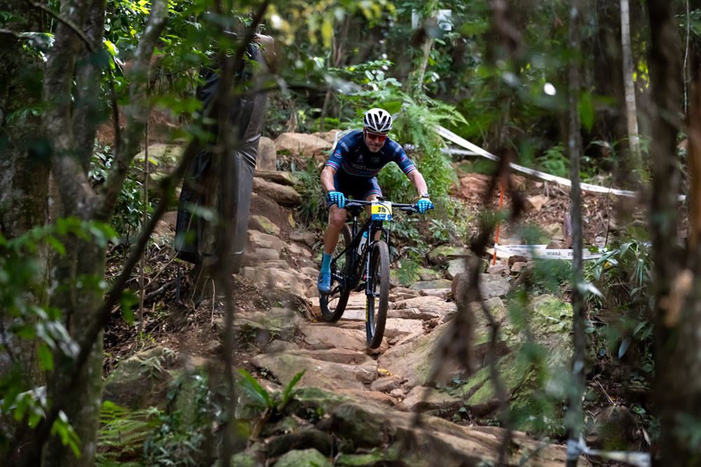 A mountain biker tackles the Smithfield trails as part of the UCI Masters Mountain Bike World Championships. Picture: Supplied