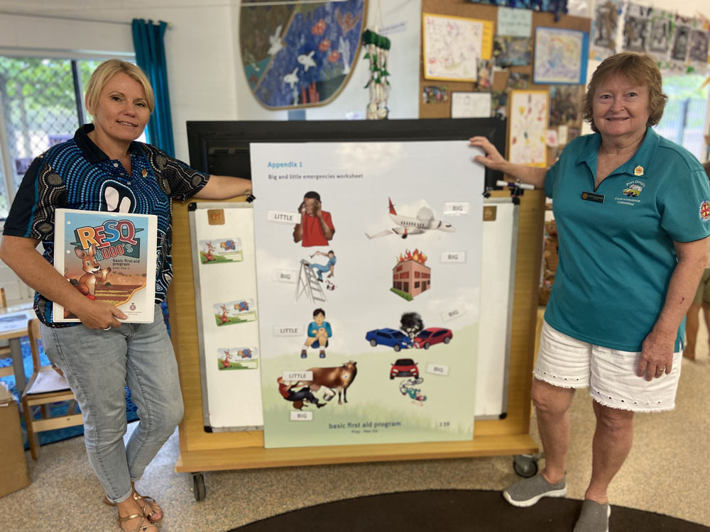 Michelle Vladich (left) and Anne Donaldson presenting RESQ ROOS held at C&K Kindergarten, Port Douglas.