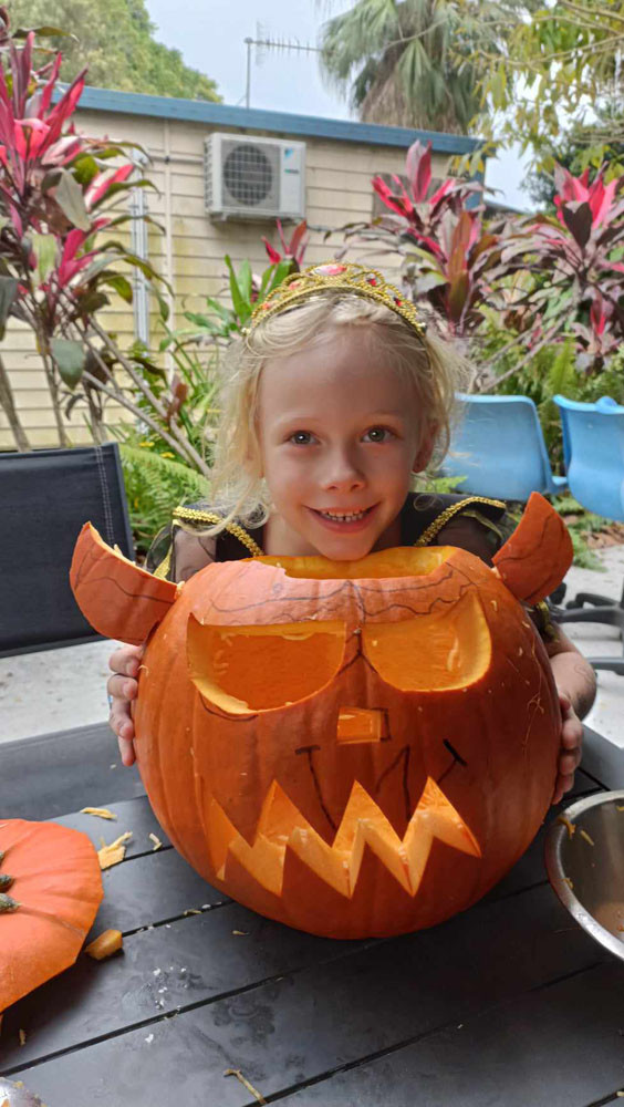 Eleni and her pumpkin monster.