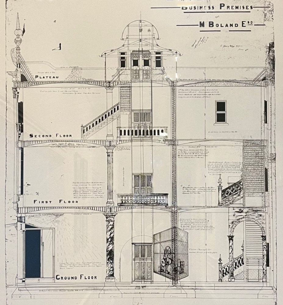 Architectural drawing of Business Premises for Mr. M. Boland Esq. in section by E. G. Waters. Courtesy The Bolands Centre.