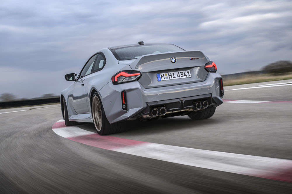The new BMW M2 CS features a distinctive ducktail spoiler at the rear.