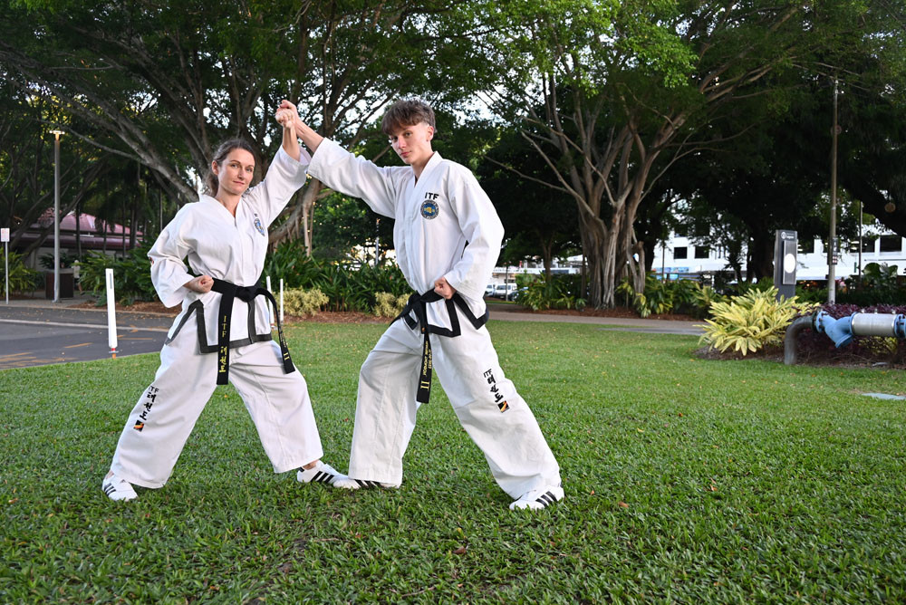 Mum Jasmyn Grundy and son Hunter Thomson are a taekwondo family partnership, training together for national titles. Picture: Isabella Guzman Gonzlaez