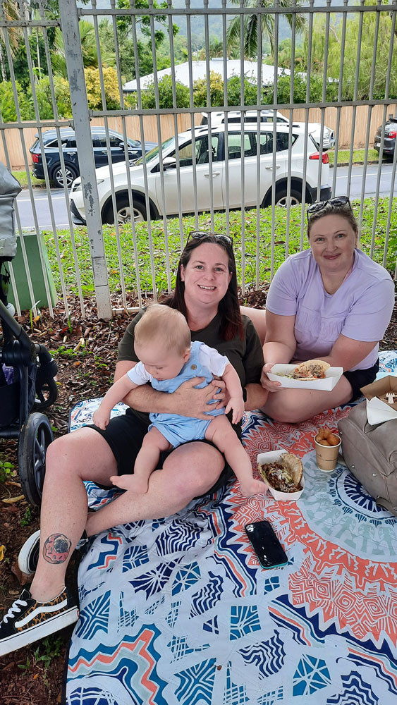 Ashley Roberts (left), baby Luca Roberts and Faith Strong.