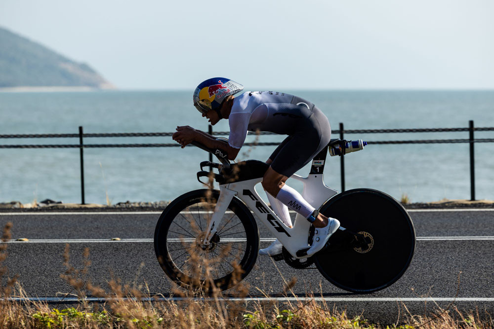 Braden Currie on the bike course at the Cairns Airport Ironman Cairns last year. Picture: Korupt Vision