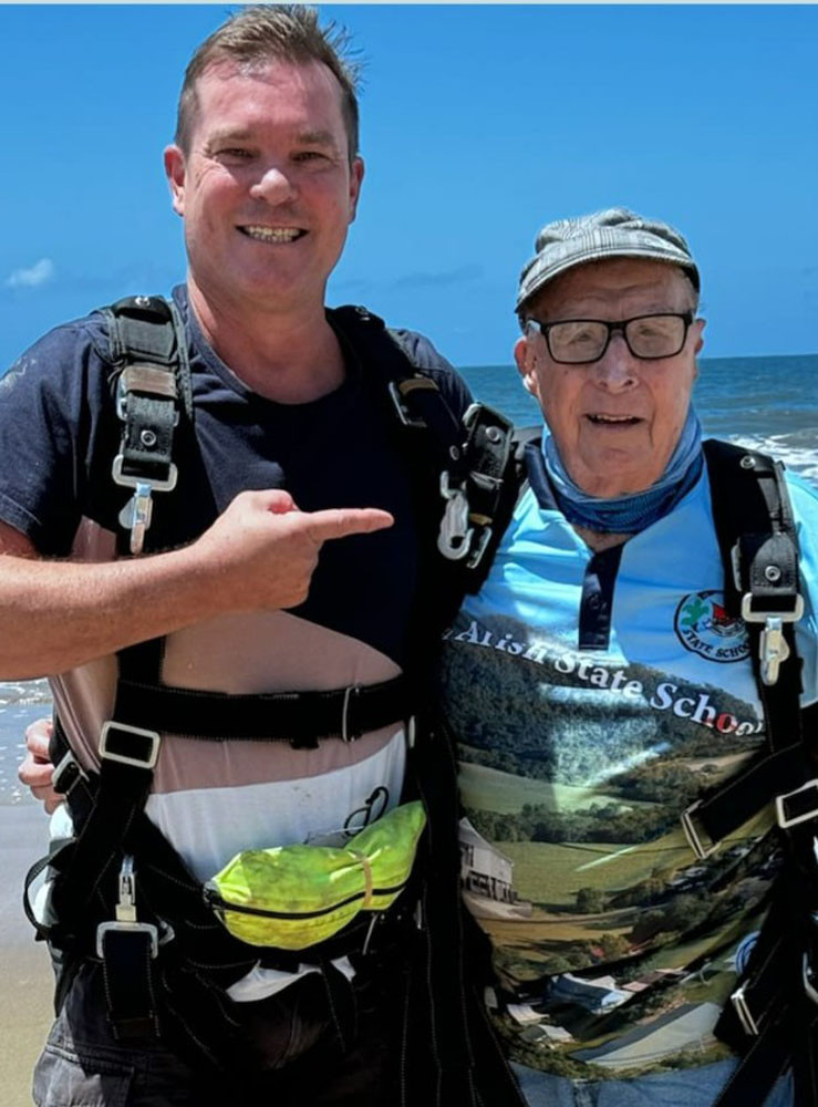 Col Doody and Fred Piercey after his last skydive jump. Pictures: Supplied
