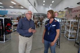Vinnies QLD Vice President Denis Innes speaking with Vinnies Showgrounds Store Manager Toni Robson