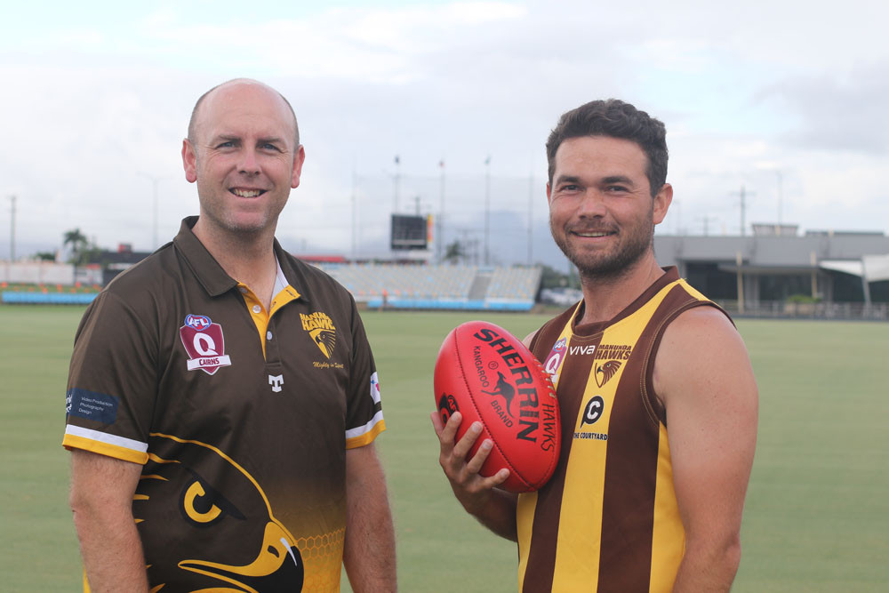 Manunda Hawks coach Wayne Siekman and new recruit Jarrod Harbrow at Cazalys Stadium, Cairns.