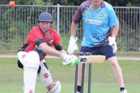 Cairns Last Man Stands cricketer Scott Johnson sweeping with Shane Shaw behind the stumps. Pictures: Supplied