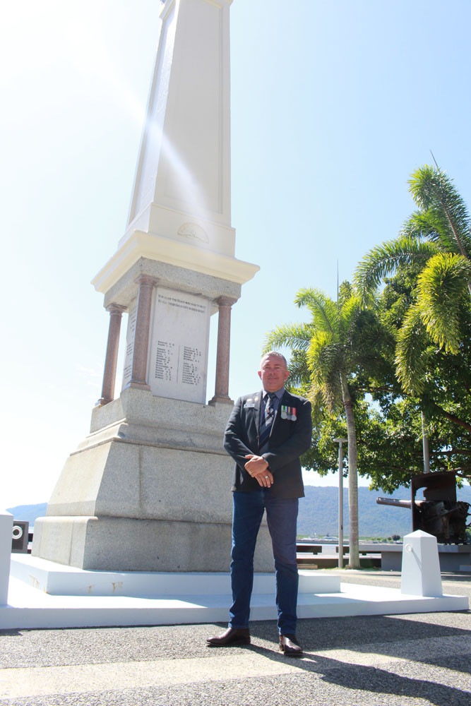 Cairns RSL Subbranch president Nathan Shingles at the Cairns cenotaph.