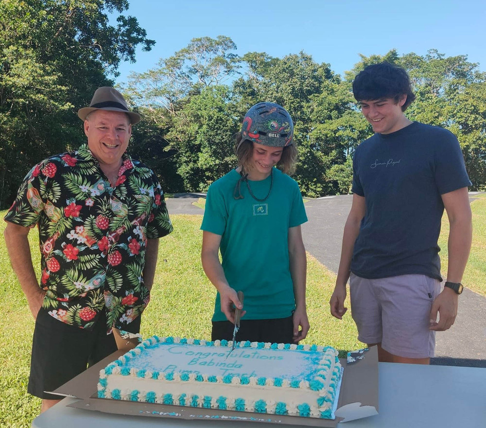 Division 1 Councillor Brett Moller with Max and Leon who cut the official ‘Babinda Pump Track opening’ cake.