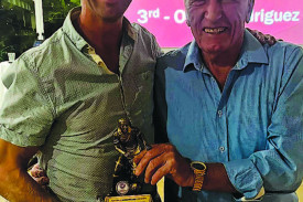 Premier MVP: Premier Men’s MVP Alex Russell of Leichhardt Lions with FNQ Football Life Member John Bomben