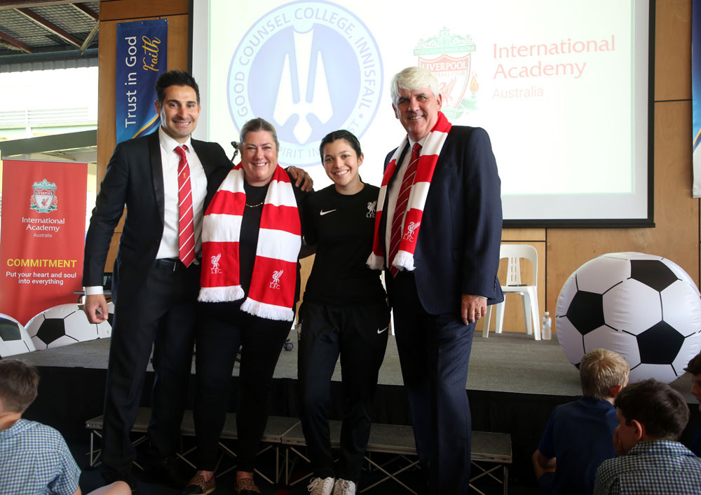 Liverpool FC representatives, Kevin Grima (Head coach), Amanda Martin (Partnerships Director), Hayley Da Silva (IT) and Good Counsel College Principal Paul Melloy at the official launch.